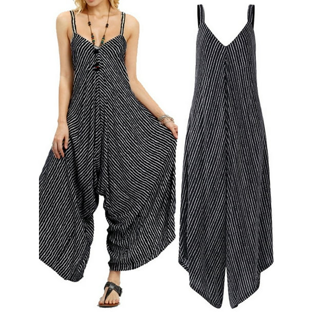 Women Summer Casual Striped Jumpsuit Playsuit Strap Overalls Rompers Trousers US 